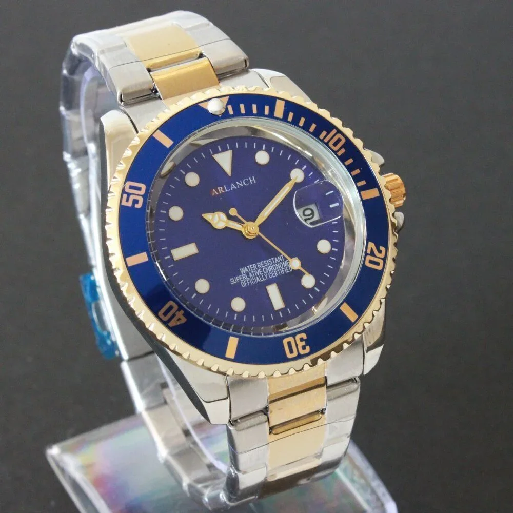 Men's Diver Style Watch Blue Bezel Silver Gold Tone 40mm